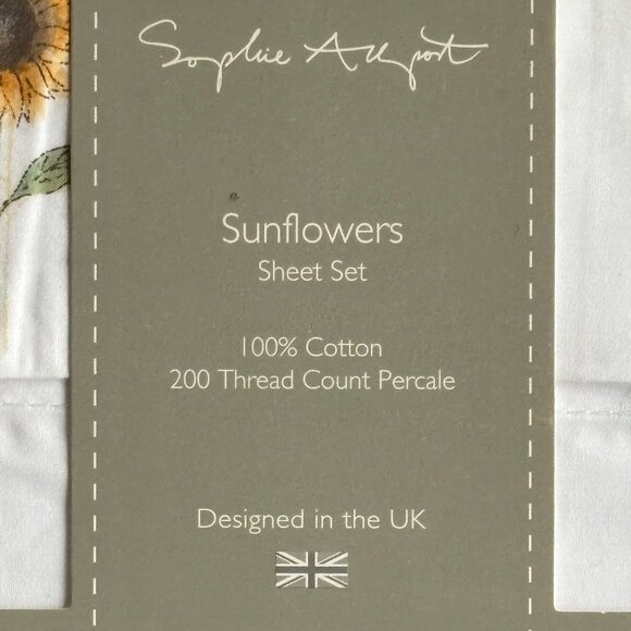 Sophie Allport London SUNFLOWERS COTTON Percale QUEEN Size Sheet Set - Picture 3 of 5